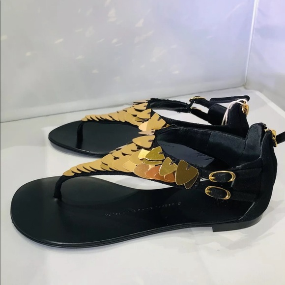 Giuseppe Zanotti Black Suede Gold Leaf Sandals 5.5 - Picture 5 of 9